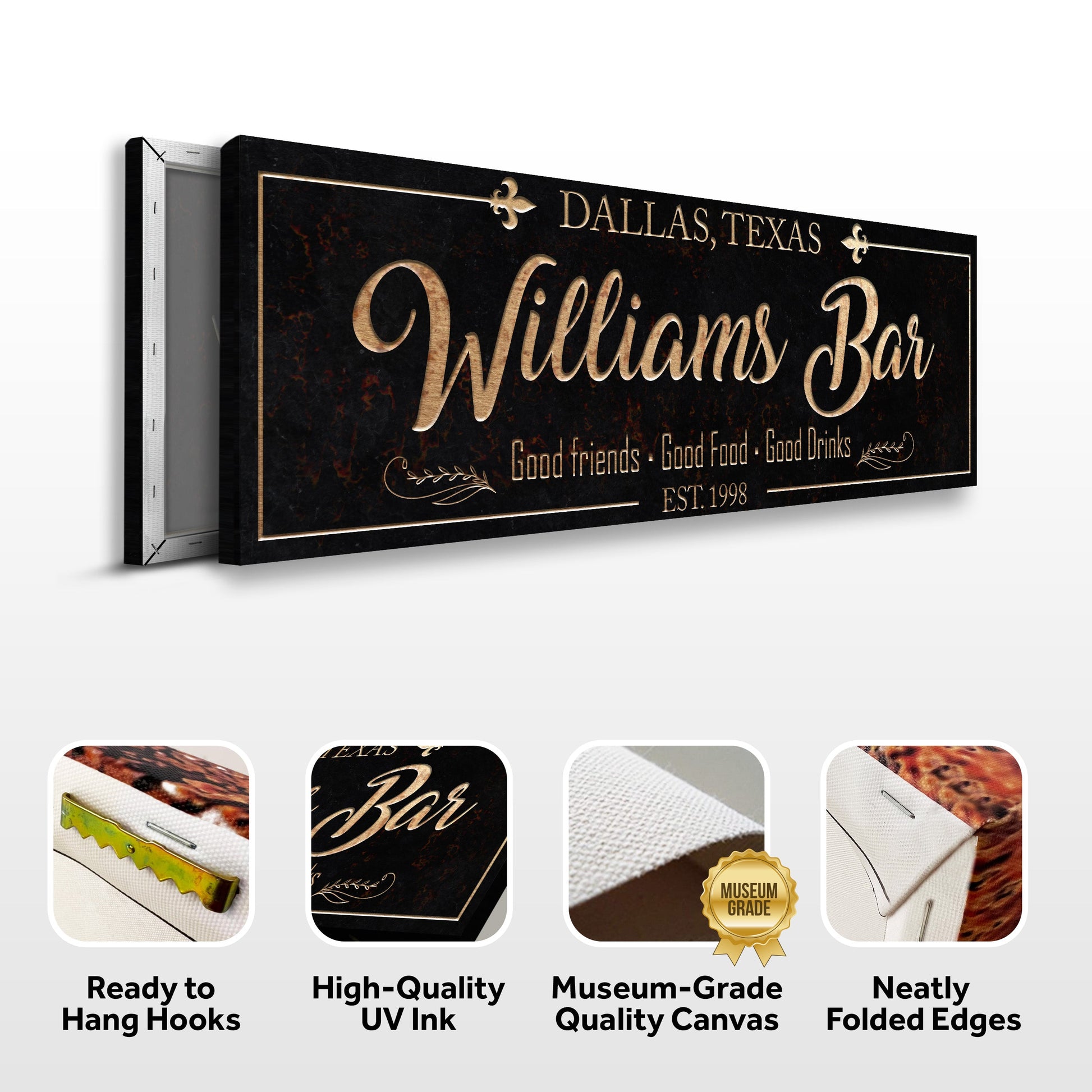Custom Bar Sign canvas by Tailored Canvases in black with gold script lettering on Tampa Home & Garden Store