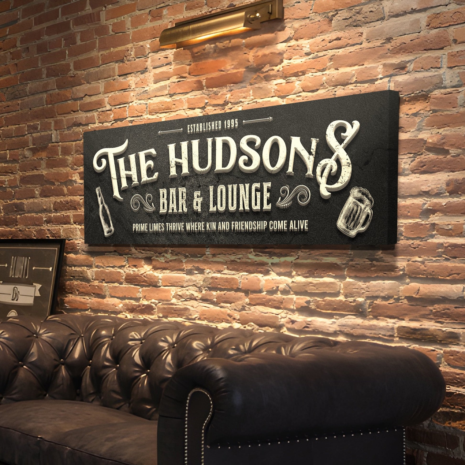 Custom Bar & Lounge Sign II canvas with vintage chalkboard typography on a brick wall on Tampa Home & Garden Store