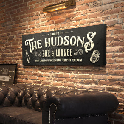Custom Bar & Lounge Sign II canvas with vintage chalkboard typography on a brick wall on Tampa Home & Garden Store
