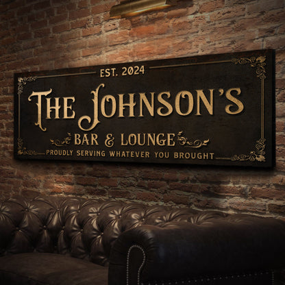 Custom Bar & Lounge Sign III canvas with dark brown background and gold lettering on brick wall on Tampa Home & Garden Store