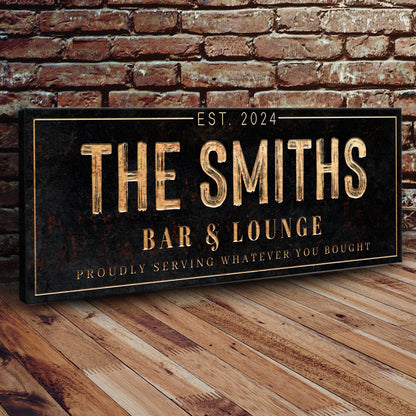 Custom Bar & Lounge Sign canvas with black background and gold THE SMITHS lettering Tailored Canvases on Tampa Home & Garden Store