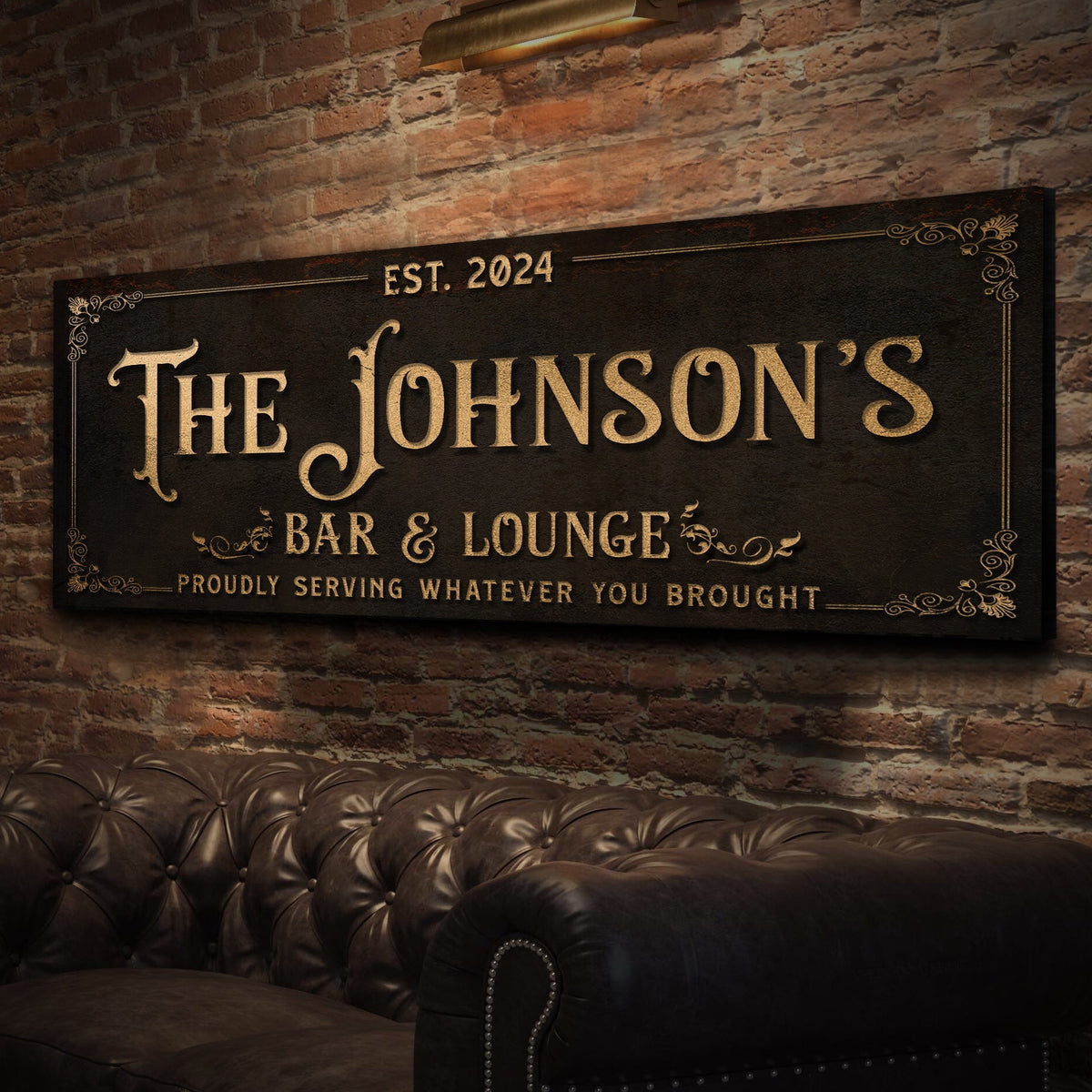 Canvas Custom Bar & Lounge Sign III with gold lettering and ornate border on brick wall on Tampa Home & Garden Store