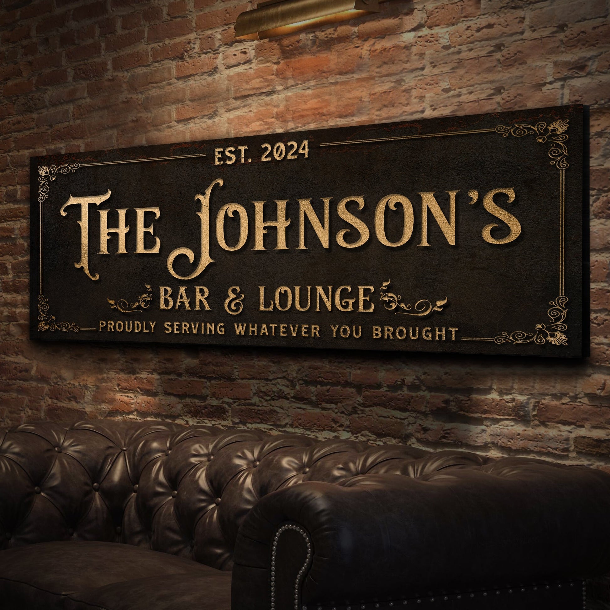 Canvas Custom Bar & Lounge Sign III with gold lettering and ornate border on brick wall on Tampa Home & Garden Store