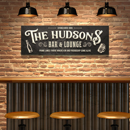 Custom Bar & Lounge Sign II canvas with The Hudsons lettering on a dark distressed surface on Tampa Home & Garden Store