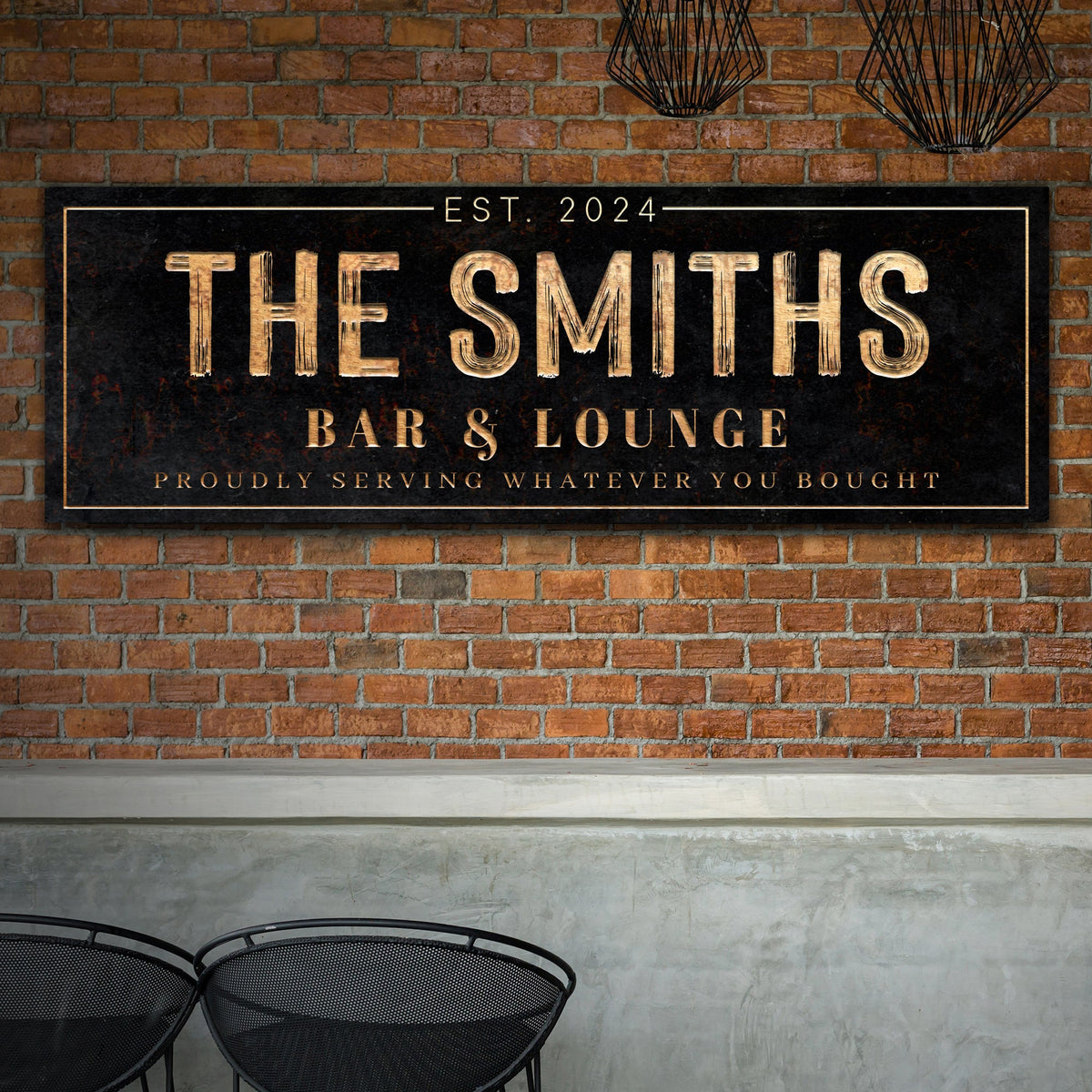 Custom Bar & Lounge Sign canvas with copper-tone lettering on black background, gold border on Tampa Home & Garden Store