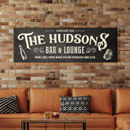 Custom Bar & Lounge Sign II canvas with bold white lettering on a dark panel on Tampa Home & Garden Store