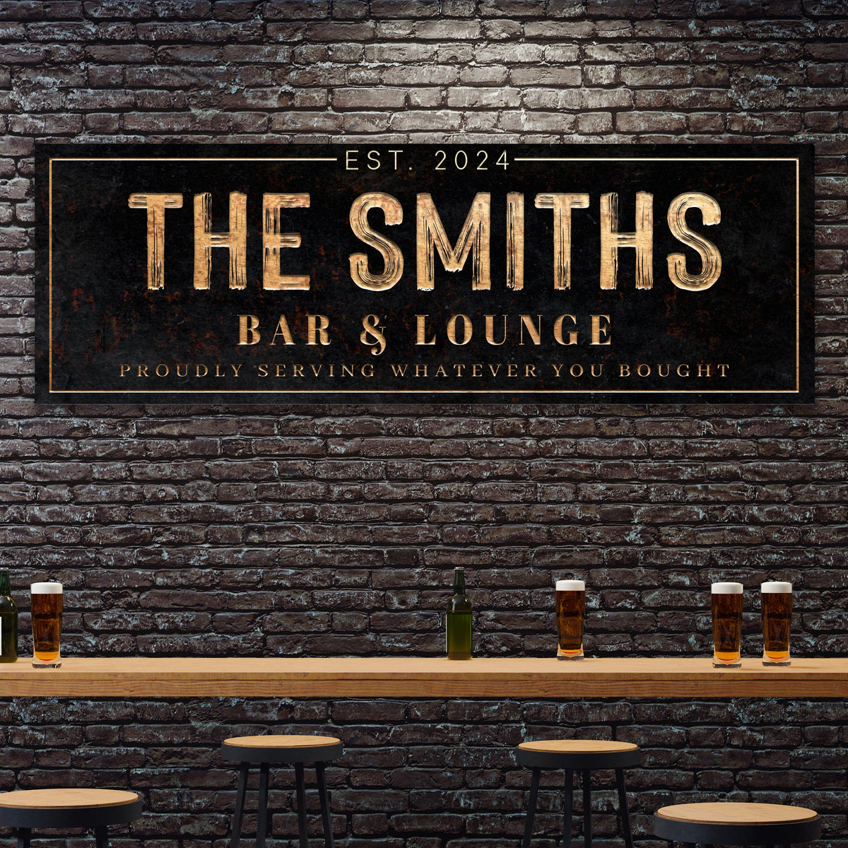 Custom Bar & Lounge Sign canvas by Tailored Canvases; copper lettering on black panel on Tampa Home & Garden Store