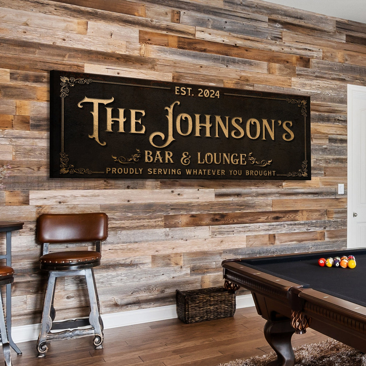 Custom Bar & Lounge Sign III canvas by Tailored Canvases, black with gold lettering on Tampa Home & Garden Store