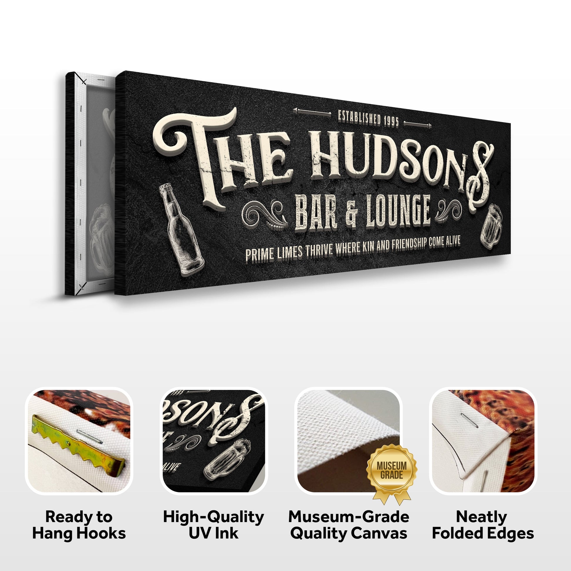 Custom Bar & Lounge Sign II canvas by Tailored Canvases with black background and cream letters on Tampa Home & Garden Store