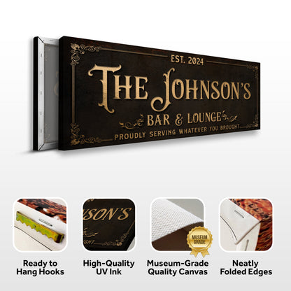 Custom Bar & Lounge Sign III canvas by Tailored Canvases with vintage gold lettering on dark background on Tampa Home & Garden Store