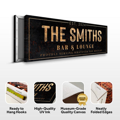 Custom Bar & Lounge Sign canvas by Tailored Canvases, black textured with gold lettering on Tampa Home & Garden Store