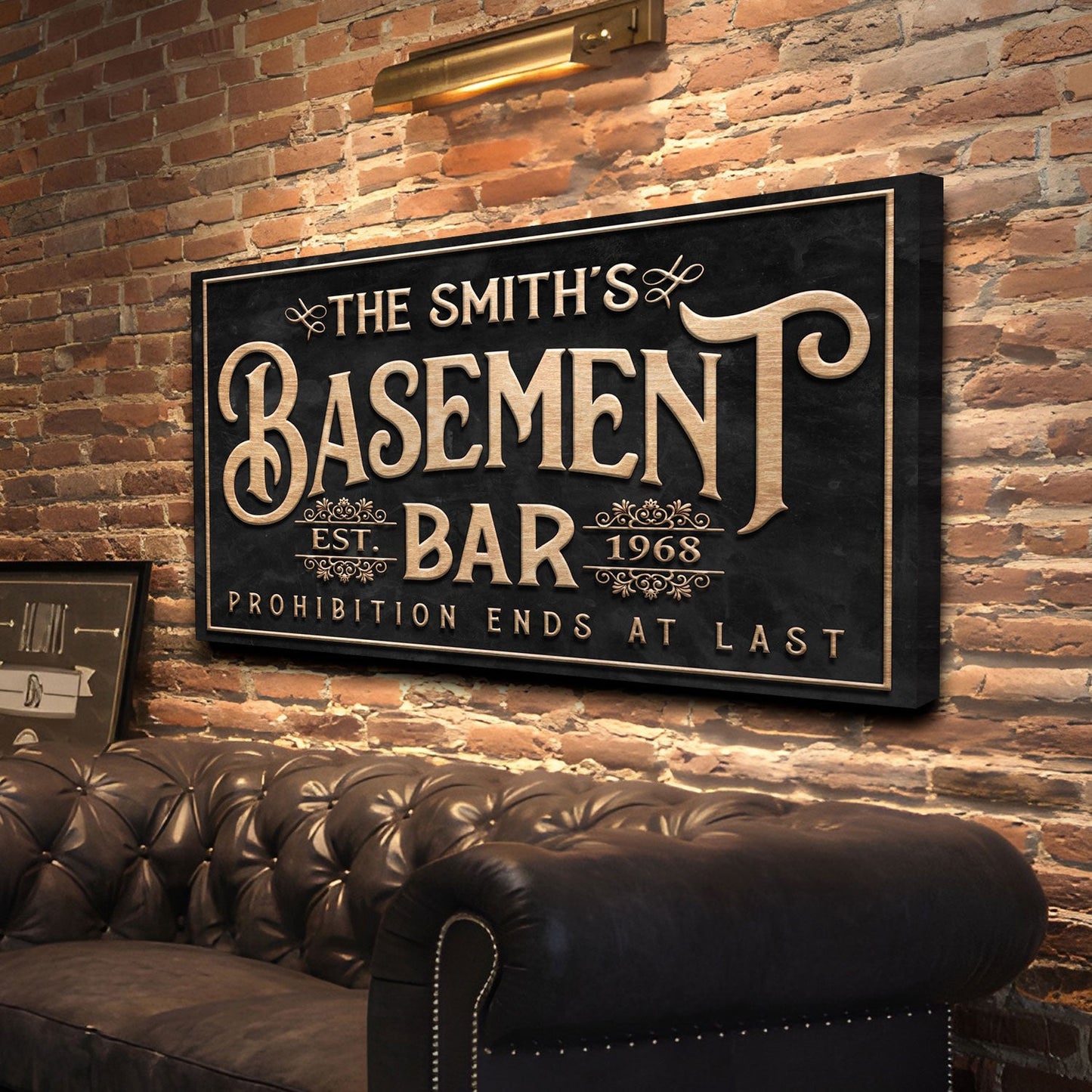 Custom Basement Bar Sign canvas with black background and gold serif lettering on Tampa Home & Garden Store