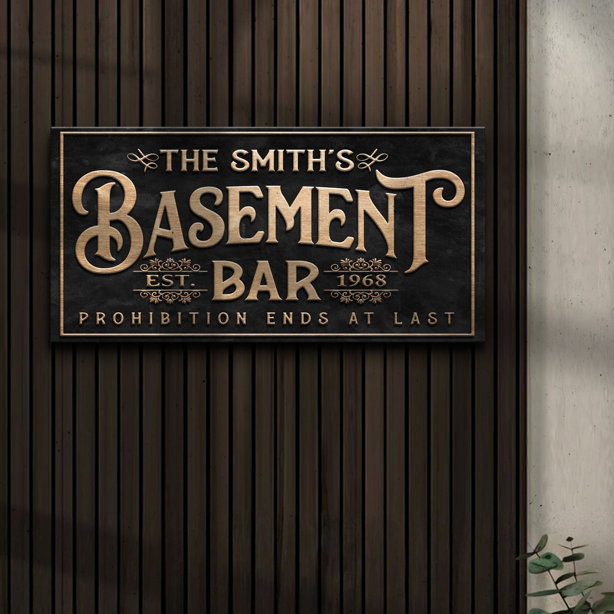 Custom Basement Bar Sign canvas with copper raised lettering on black framed plaque on Tampa Home & Garden Store