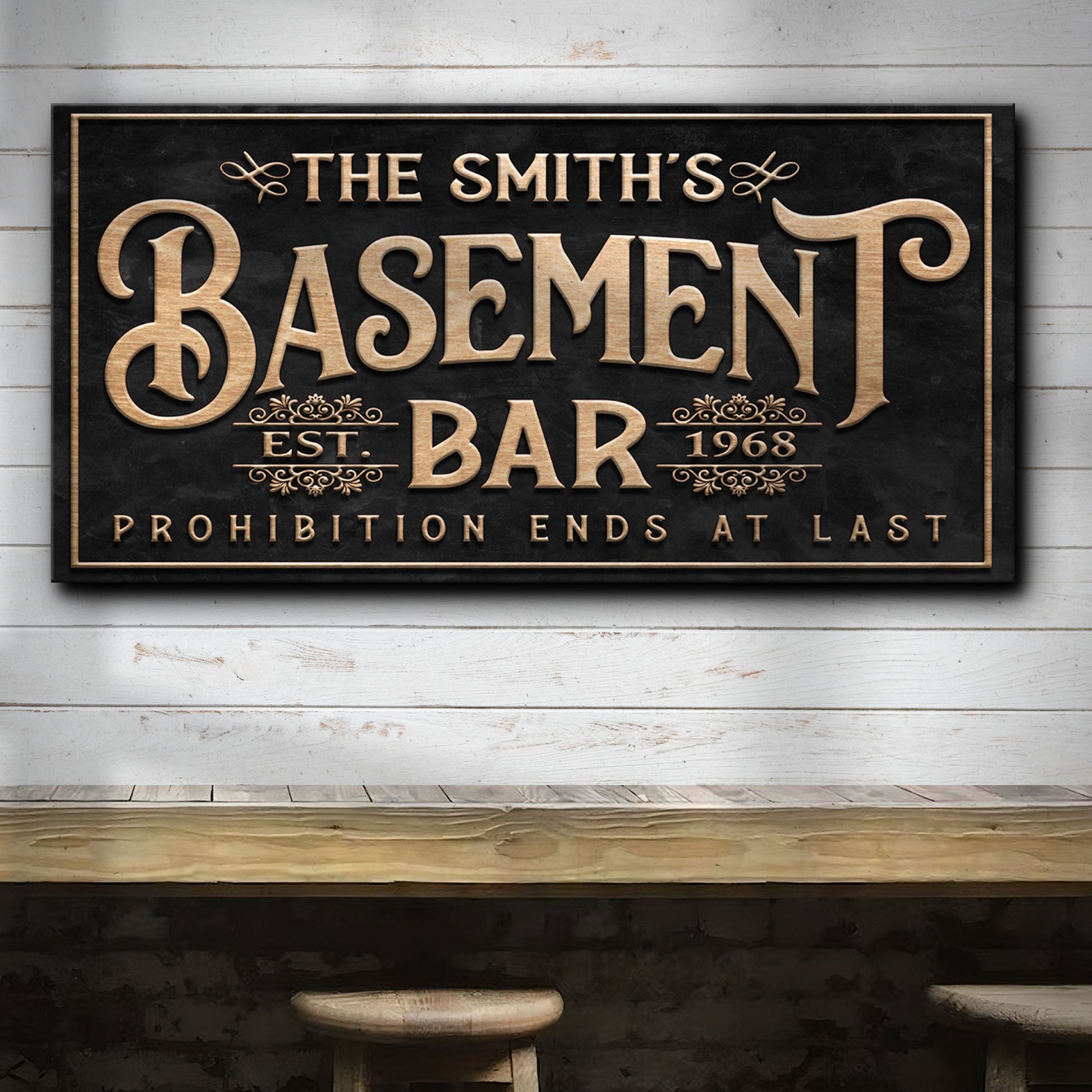 Canvas sign with gold lettering The Smith's Basement Bar on black background on Tampa Home & Garden Store