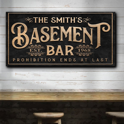 Canvas sign with gold lettering The Smith's Basement Bar on black background on Tampa Home & Garden Store