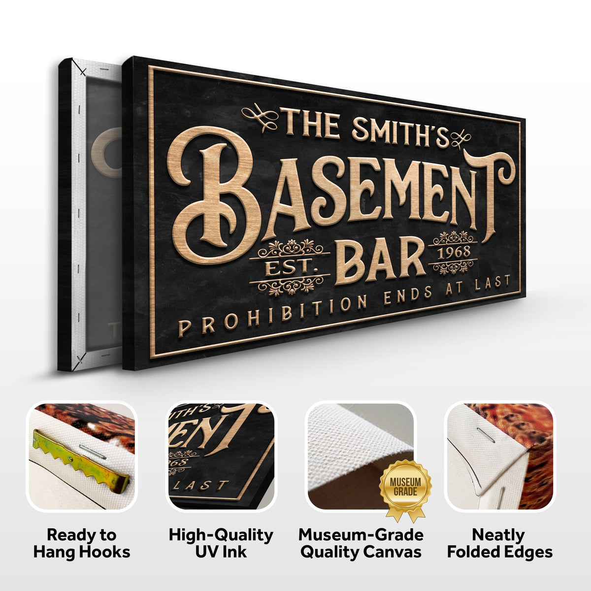 Canvas sign Custom Basement Bar Sign with black and gold lettering Tailored Canvases on Tampa Home & Garden Store
