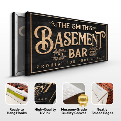 Canvas sign Custom Basement Bar Sign with black and gold lettering Tailored Canvases on Tampa Home & Garden Store