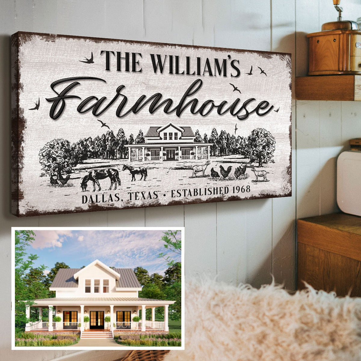 Custom Farmhouse Sign canvas by Tailored Canvases with rustic distressed finish on Tampa Home & Garden Store