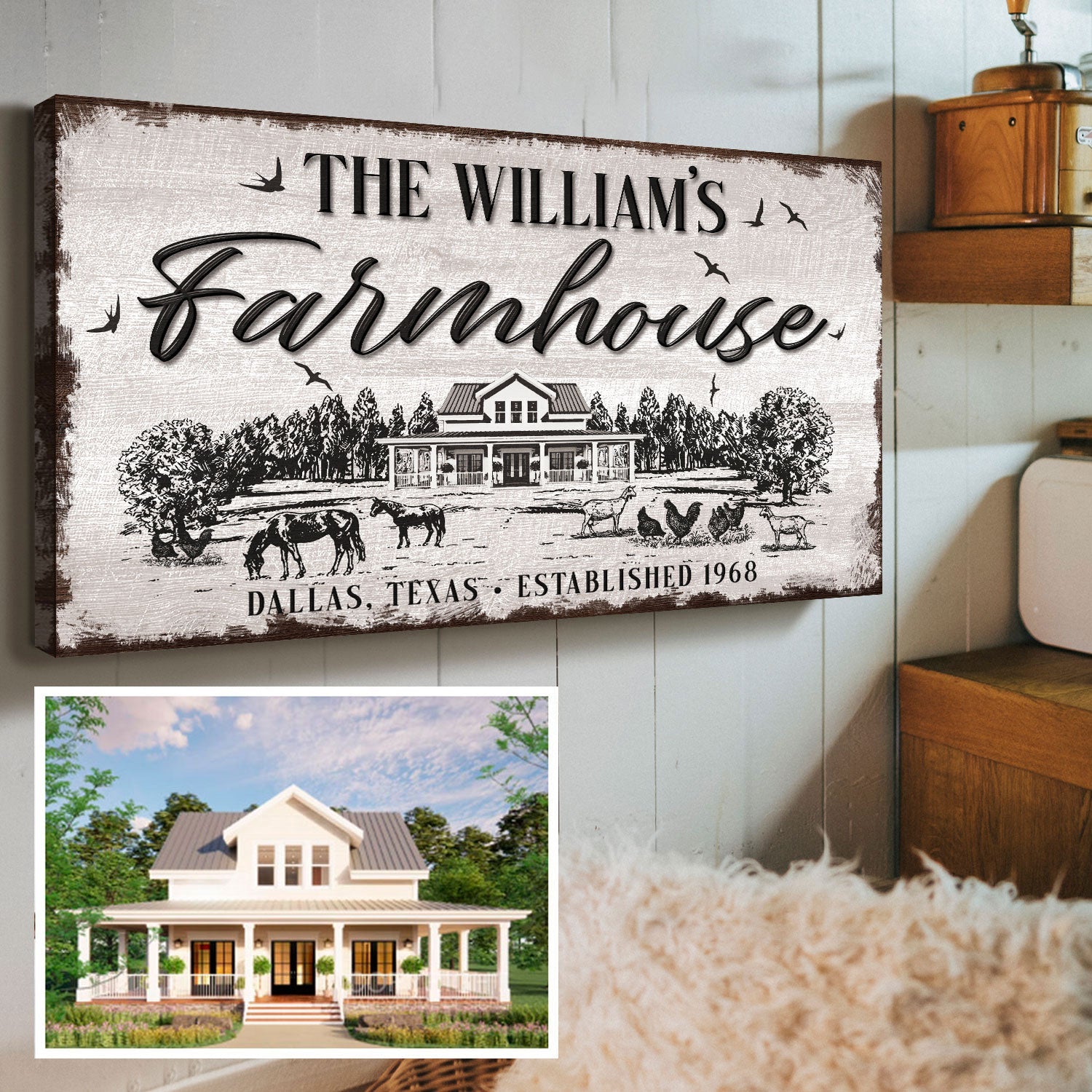Custom Farmhouse Sign canvas by Tailored Canvases with rustic distressed finish on Tampa Home & Garden Store