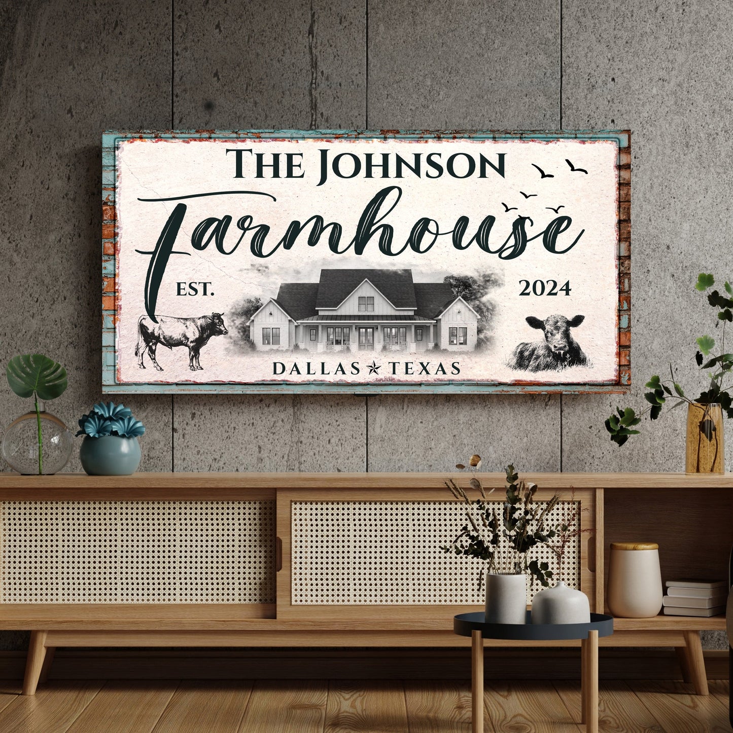 Custom Farmhouse Sign II canvas by Tailored Canvases with teal distressed frame on Tampa Home & Garden Store