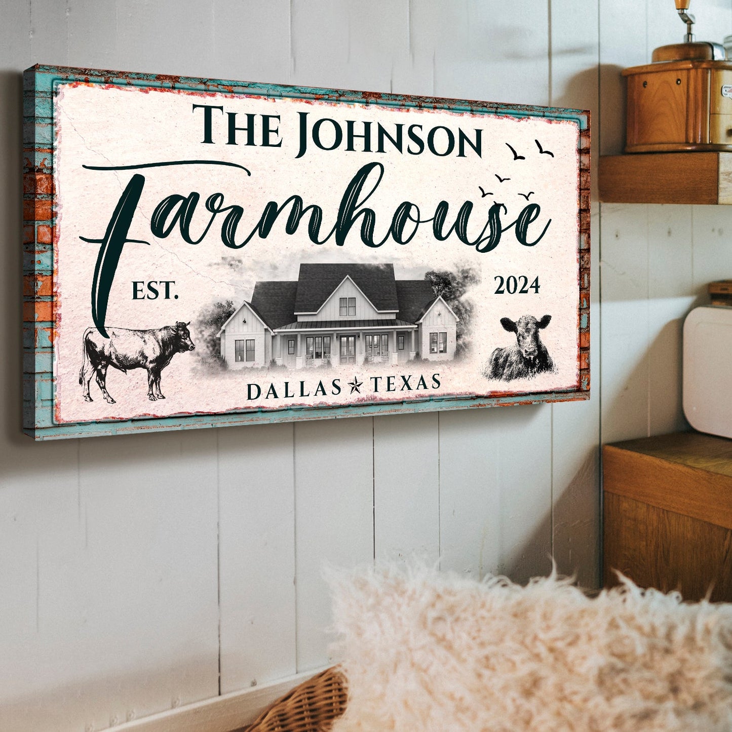 Custom Farmhouse Sign II canvas by Tailored Canvases with pink distressed backdrop and teal trim on Tampa Home & Garden Store