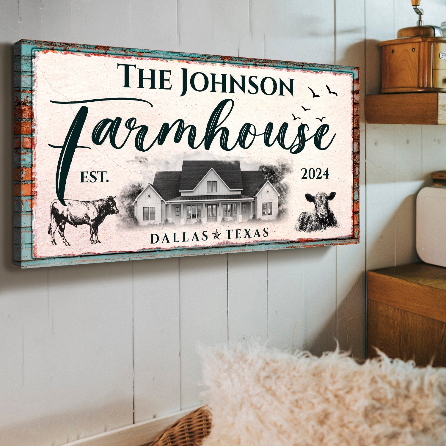 Custom Farmhouse Sign II canvas by Tailored Canvases with pink distressed backdrop and teal trim on Tampa Home & Garden Store