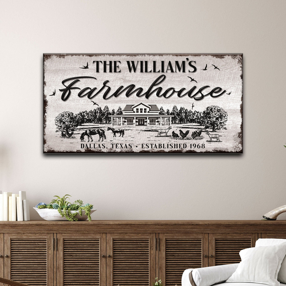 Custom Farmhouse Sign canvas by Tailored Canvases with panel and rustic farmhouse scene on Tampa Home & Garden Store