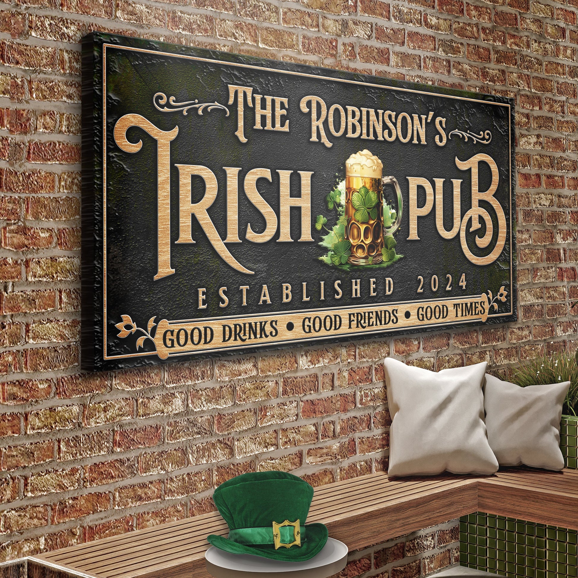 Custom Irish Pub Bar Sign III canvas with gold lettering on black background beer mug on Tampa Home & Garden Store