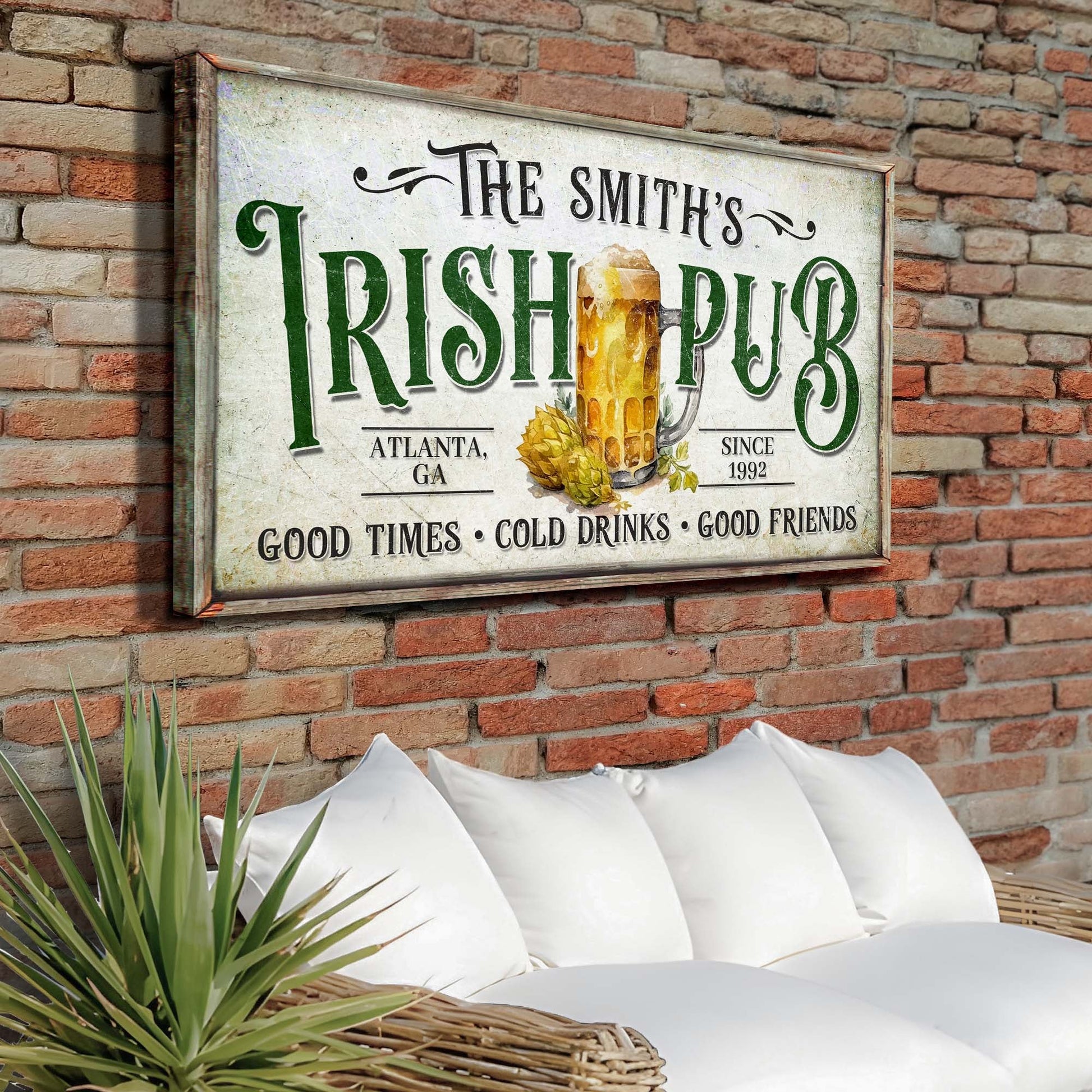 Custom Irish Pub Bar Sign II canvas by Tailored Canvases with green IRISH PUB text on Tampa Home & Garden Store