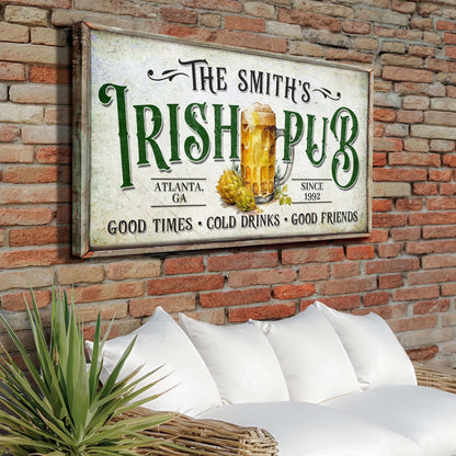 Custom Irish Pub Bar Sign II canvas by Tailored Canvases with green IRISH PUB text on Tampa Home & Garden Store