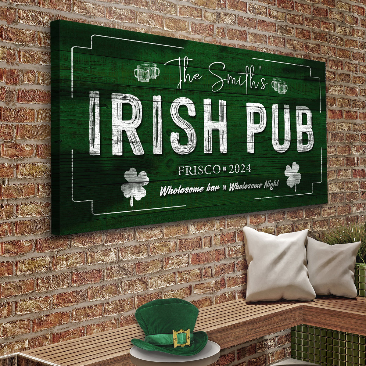 Canvas sign in dark green woodgrain with chalk-white Irish Pub text and beer mug icons on Tampa Home & Garden Store