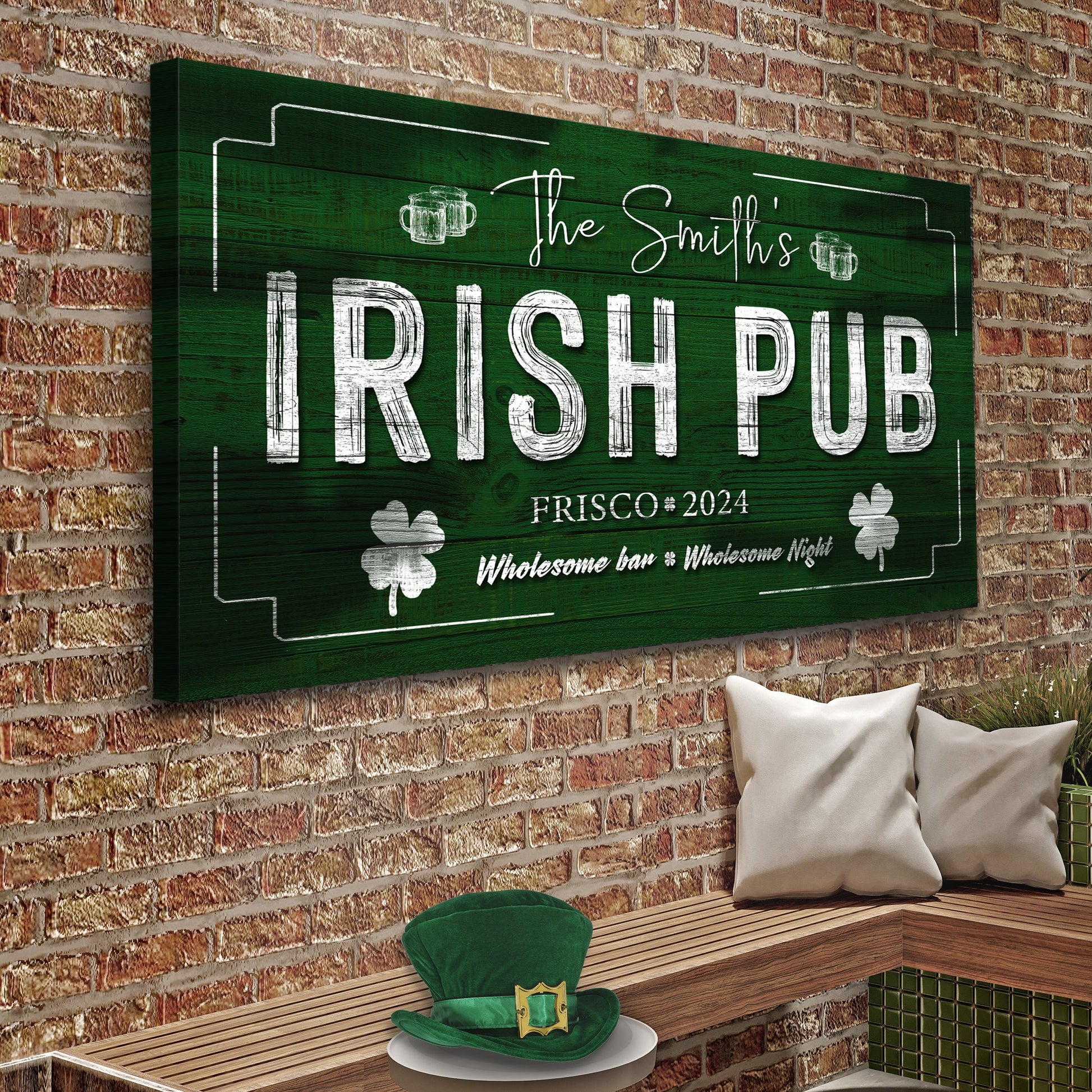 Canvas sign in dark green woodgrain with chalk-white Irish Pub text and beer mug icons on Tampa Home & Garden Store