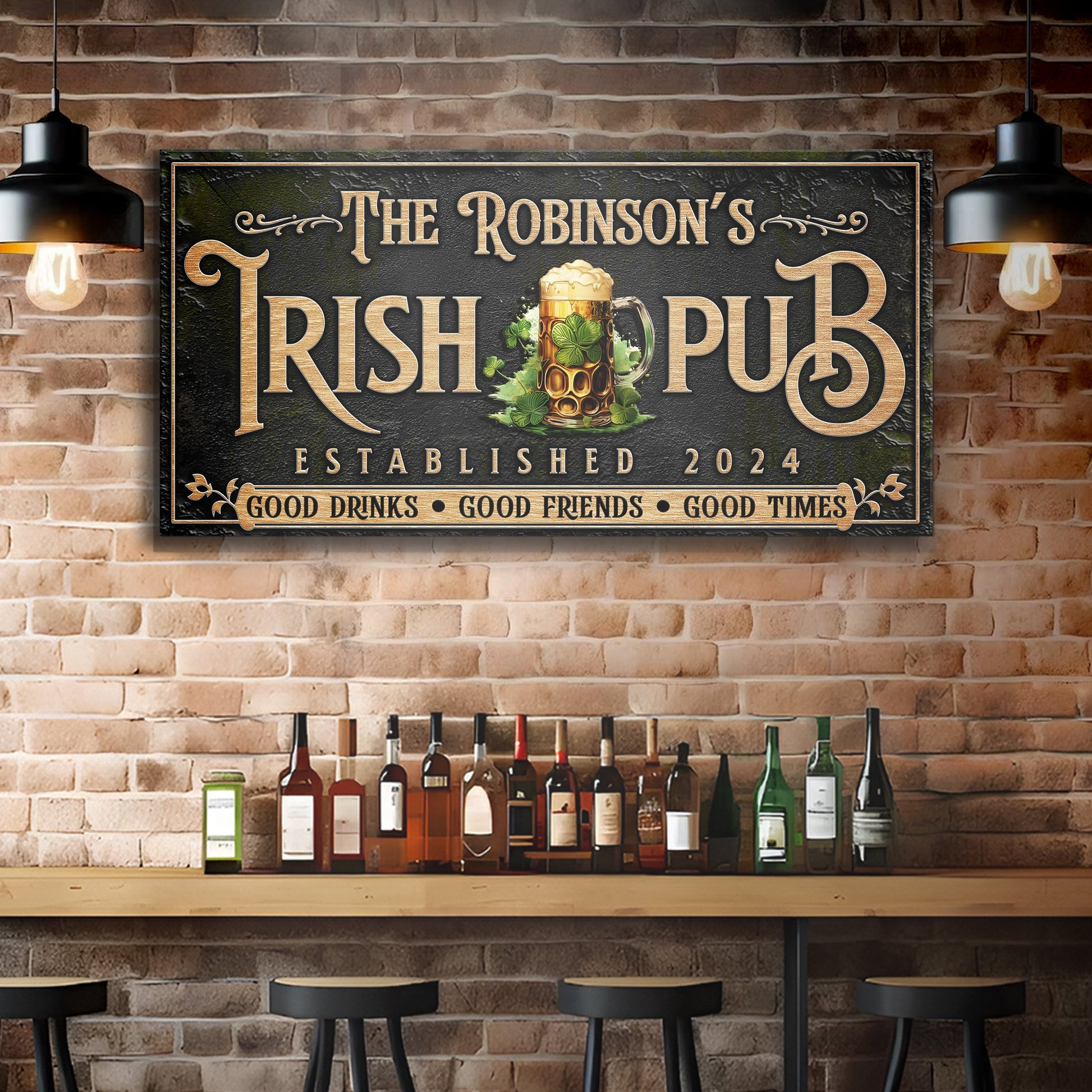 Custom Irish Pub Bar Sign III canvas wall art with gold lettering and beer mug on Tampa Home & Garden Store