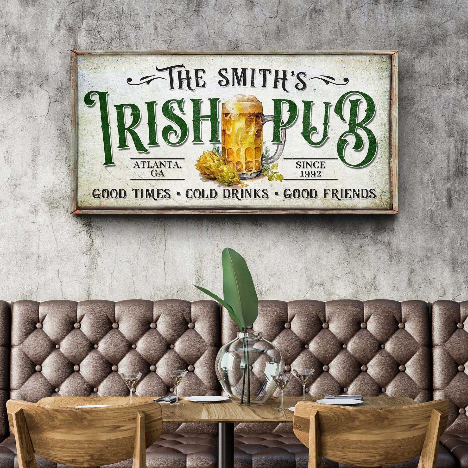 Custom Irish Pub Bar Sign II canvas by Tailored Canvases with green lettering and beer mug on Tampa Home & Garden Store