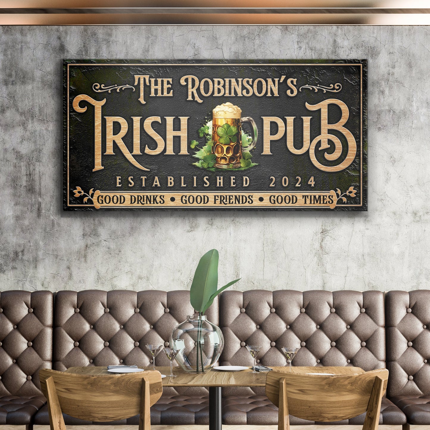 Custom Irish Pub Bar Sign III canvas by Tailored Canvases with gold lettering and mug motif on Tampa Home & Garden Store