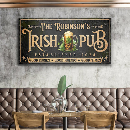 Custom Irish Pub Bar Sign III canvas by Tailored Canvases with gold lettering and mug motif on Tampa Home & Garden Store