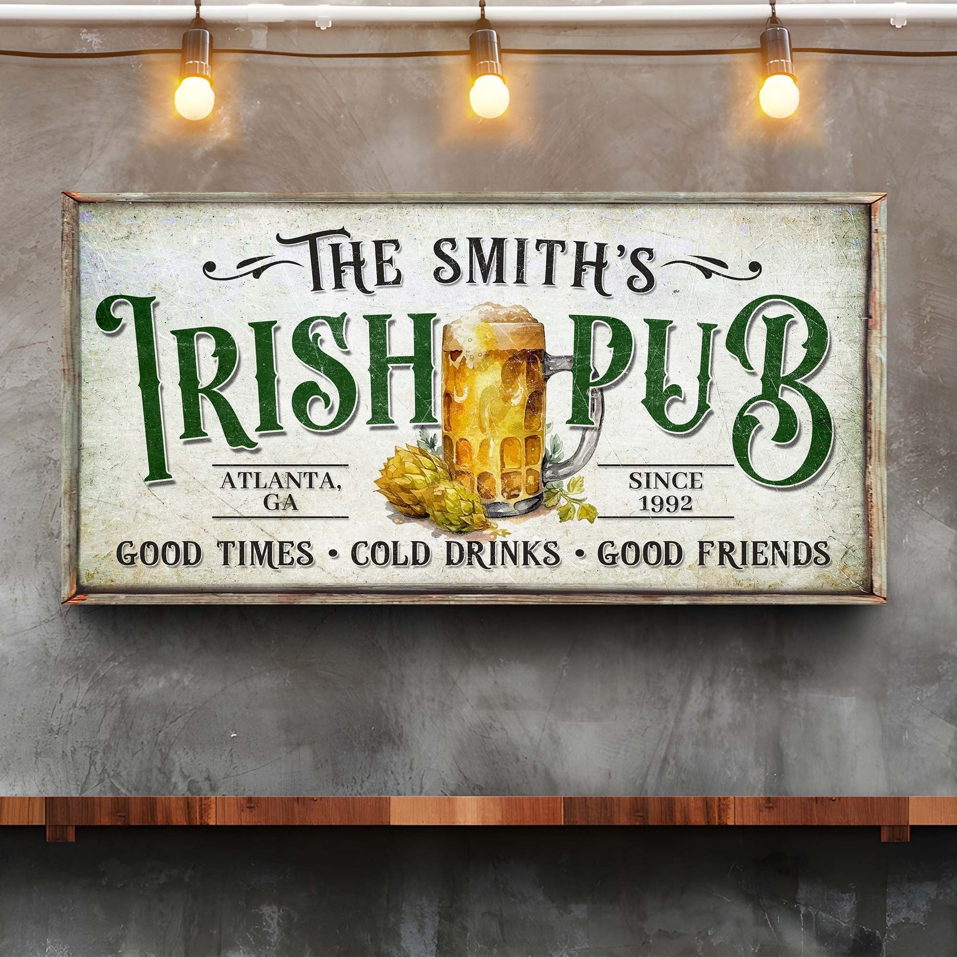 Custom Irish Pub Bar Sign II canvas with green IRISH PUB lettering and beer illustration on Tampa Home & Garden Store