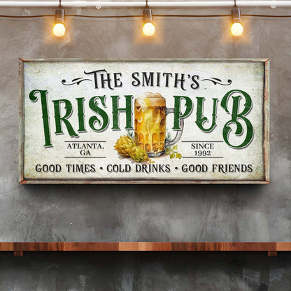 Custom Irish Pub Bar Sign II canvas with green IRISH PUB lettering and beer illustration on Tampa Home & Garden Store