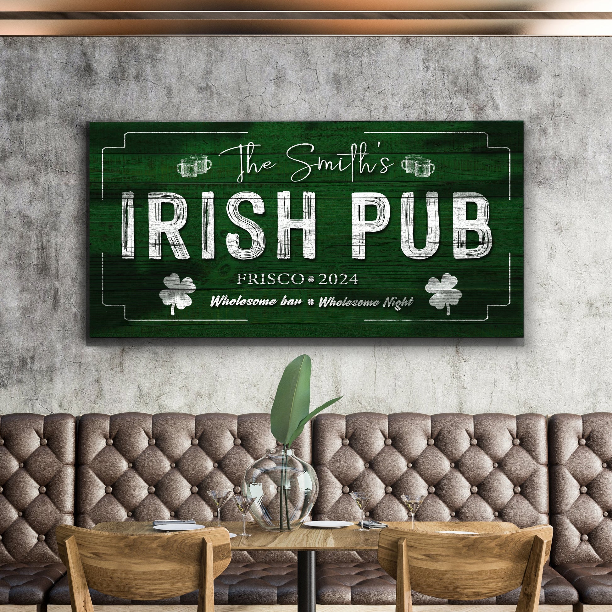 Custom Irish Pub Bar Sign canvas with green weathered wood and white distressed lettering on Tampa Home & Garden Store