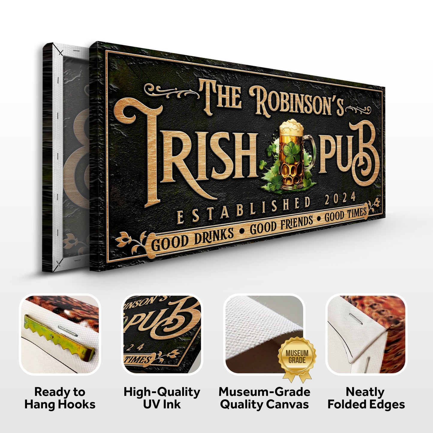 Custom Irish Pub Bar Sign III canvas by Tailored Canvases; gold lettering and beer mug on Tampa Home & Garden Store
