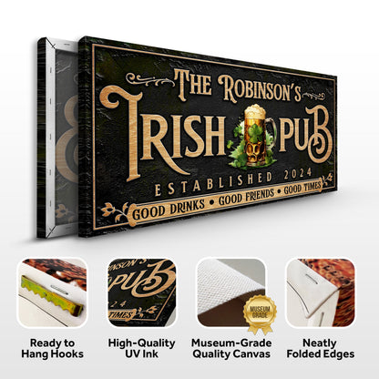 Custom Irish Pub Bar Sign III canvas by Tailored Canvases; gold lettering and beer mug on Tampa Home & Garden Store