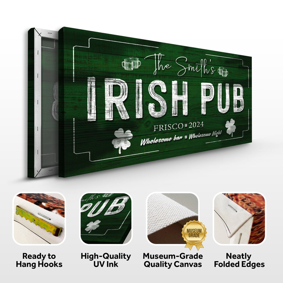 Custom Irish Pub Bar Sign canvas with distressed IRISH PUB lettering on dark green wood on Tampa Home & Garden Store
