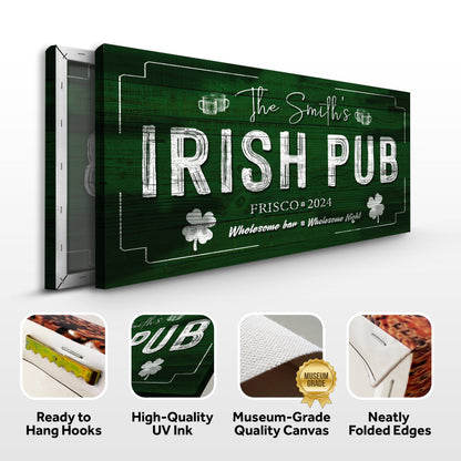Custom Irish Pub Bar Sign canvas with distressed IRISH PUB lettering on dark green wood on Tampa Home & Garden Store