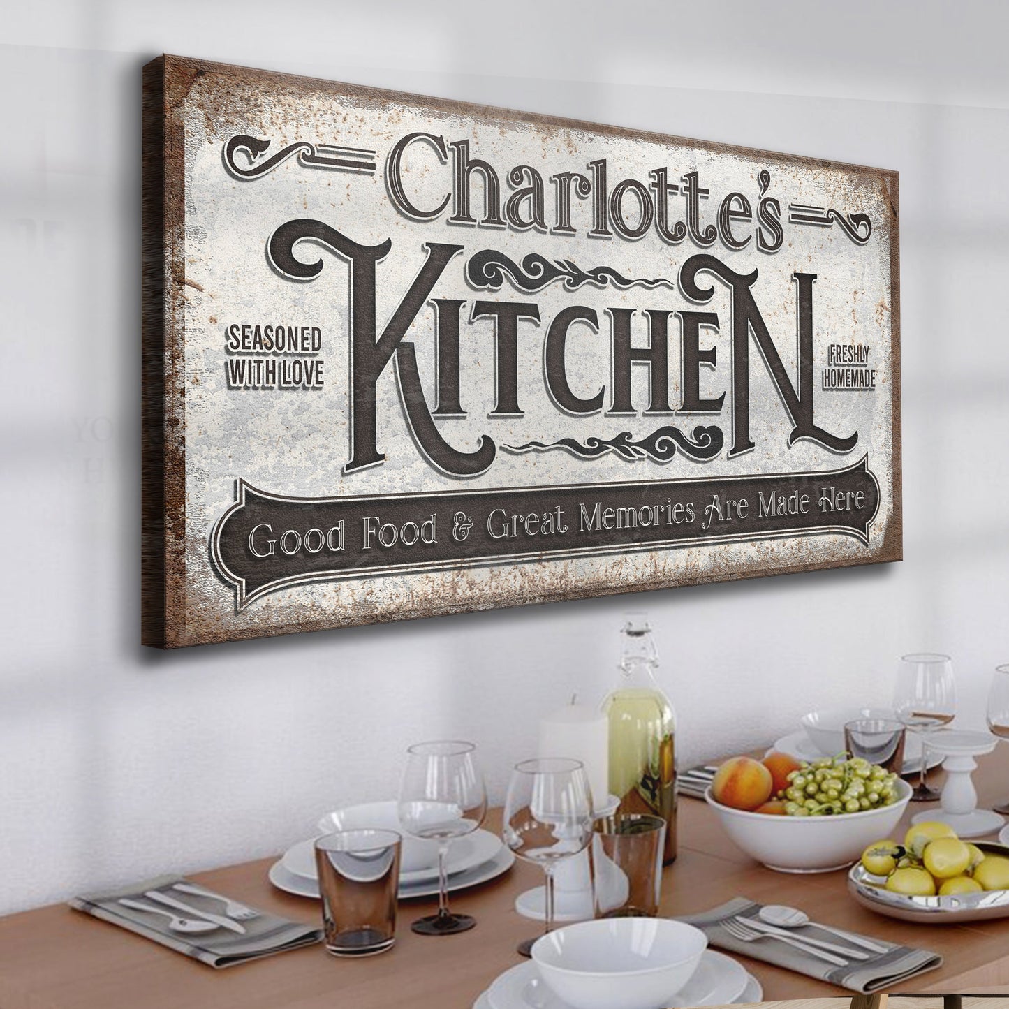 Custom Kitchen Sign II canvas wall art with Charlotte's Kitchen typography on Tampa Home & Garden Store