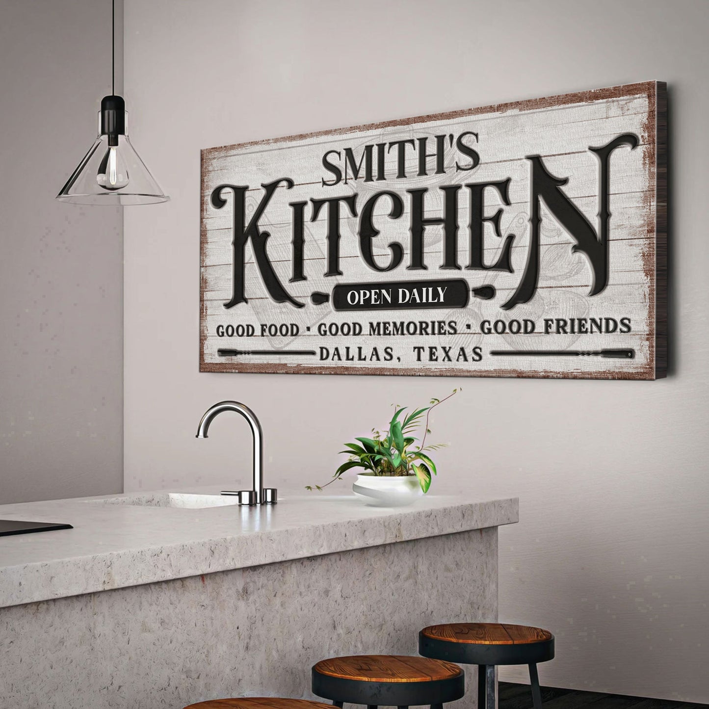 Custom Kitchen Sign canvas by Tailored Canvases with distressed white wood and bold KITCHEN on Tampa Home & Garden Store
