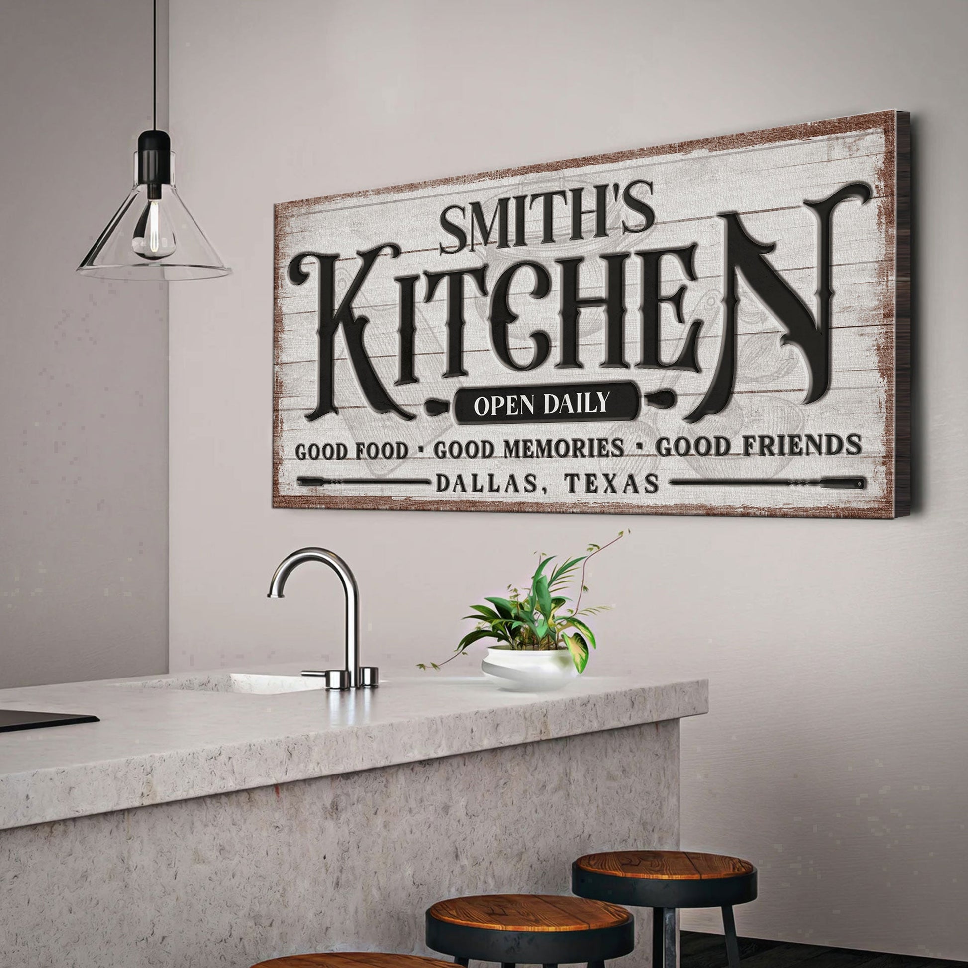 Custom Kitchen Sign canvas by Tailored Canvases with distressed white wood and bold KITCHEN on Tampa Home & Garden Store