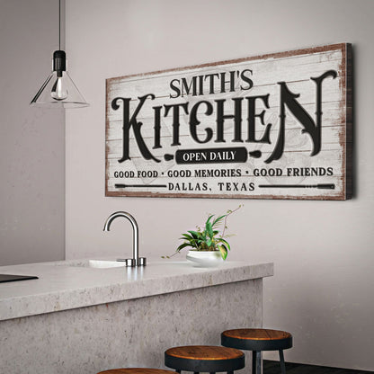 Custom Kitchen Sign canvas by Tailored Canvases with distressed white wood and bold KITCHEN on Tampa Home & Garden Store