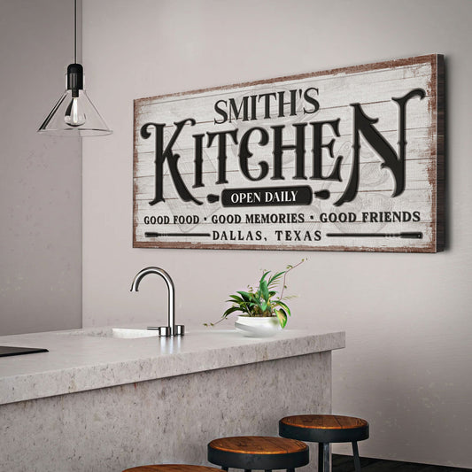 Custom Kitchen Sign canvas by Tailored Canvases with distressed white wood and bold KITCHEN on Tampa Home & Garden Store