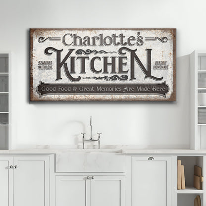 Custom Kitchen Sign II canvas with white finish and brown frame on Tampa Home & Garden Store