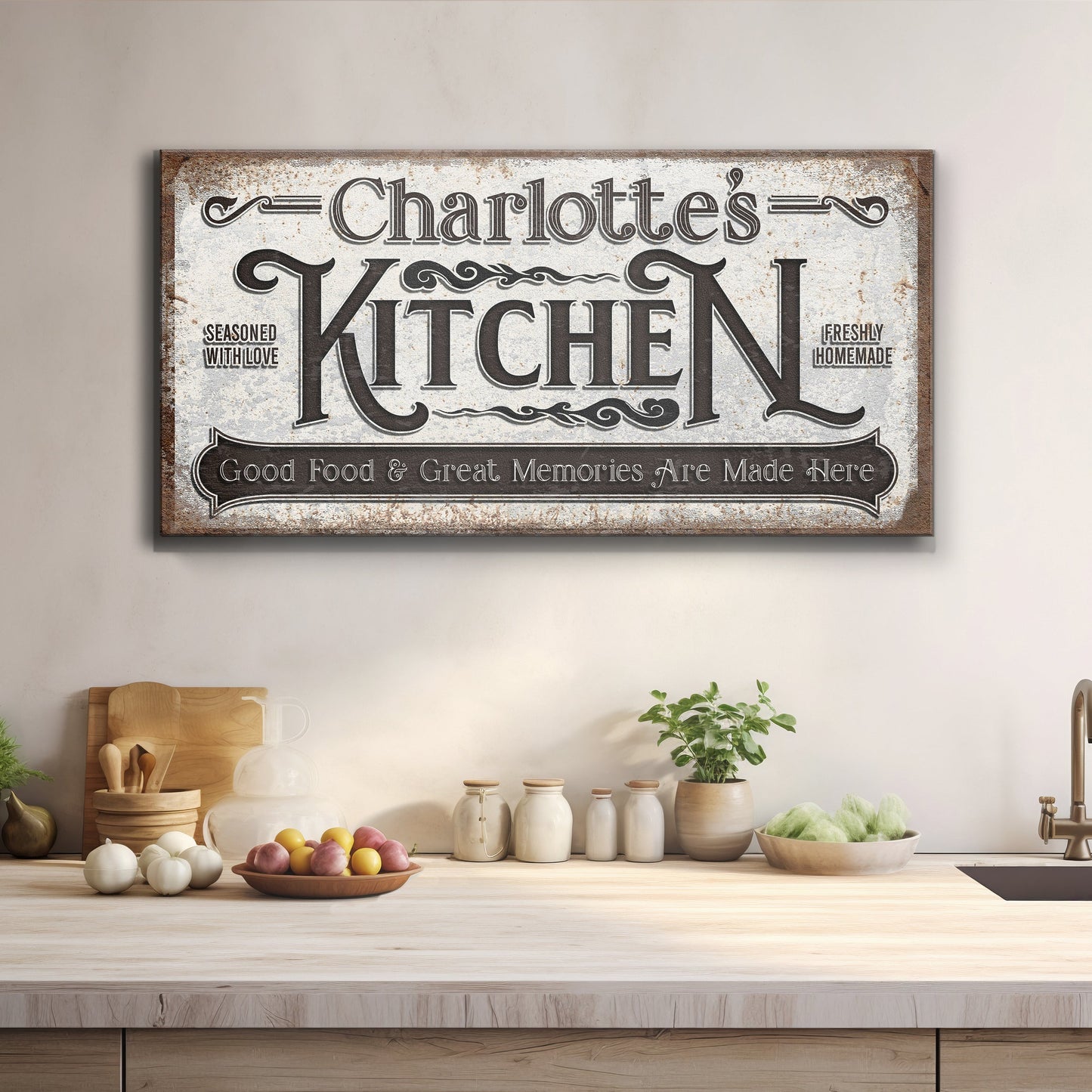 Custom Kitchen Sign II canvas with rustic gray distress and ornate Charlottes Kitchen lettering on Tampa Home & Garden Store